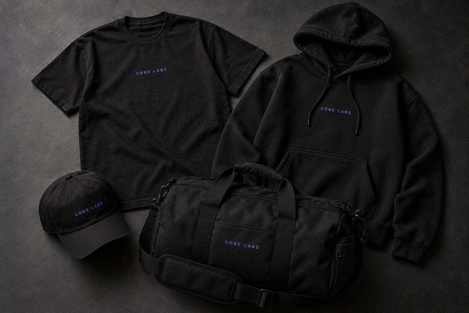 Concept mockups of a black CORE LABS tee, hoodie, cap and gym bag